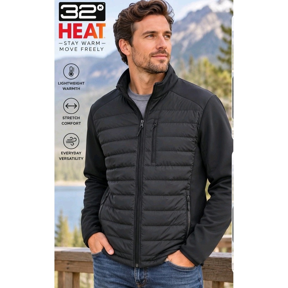 32 Degrees HEAT Men's Black Hybrid Puffer Jacket Quilted Full Zip NWT Large